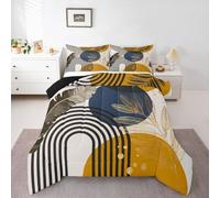 Homewish Juego de ropa de cama doble de mediados de siglo, para mujer, moderno, azul marino, bohemio, azul oscuro y hojas doradas, edredón sin funda de edredón con líneas geométricas abstractas