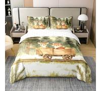 Homewish Juego de ropa de cama individual con 1 funda de almohada, diseño de ciervo, de algodón, diseño de pino, bosque, hierba, acuarelas, bosques kawaii, dibujos animados, zorro
