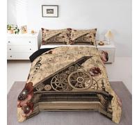 Homewish Juego de ropa de cama individual con diseño de piano steampunk, notas musicales, bohemio, rústico, flores de amapola, juego de edredón de estética romántica victoriana sin funda de edredón
