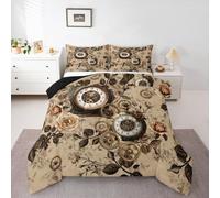 Homewish Juego de ropa de cama individual de relojes de bolsillo vintage, diseño de flores de rosas beige, juego de edredón de estética victoriana steampunk, juego de edredón con 1 funda de almohada