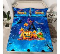 Homewish Juego de ropa de cama personalizado de Halloween, sábana bajera con letra inicial A, hojas de otoño, calabaza, sábanas para niñas, sombrero de bruja gótico, lápidas, murciélagos, funda de