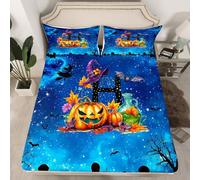 Homewish Juego de sábanas ajustables personalizadas de Halloween con letra inicial H, hojas de otoño, calabaza, sombrero de bruja gótico, lápidas, murciélagos, funda de cama de 3 piezas