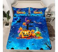 Homewish Juego de sábanas ajustables personalizadas de Halloween, tamaño individual, con letra E e e hojas de otoño, calabaza, sombrero de bruja gótico, lápidas, murciélagos, funda de cama de 2 piezas