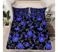 Homewish Juego de sábanas bajeras bohemias con flores azules para niños y niñas, juego de ropa de cama de 3 piezas con diseño de flores estéticas rústicas y bohemias