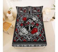 Homewish Juego de sábanas con diseño de árbol de la vida, tamaño doble, bohemio, floral, damasco, negro, damasco, rosa, estilo bohemio, azteca, vintage, victoriano, 3 piezas