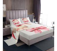 Homewish Juego de sábanas de Navidad con lazo rosa, juego de sábanas de Papá Noel para niños y niñas, juego de ropa de cama de 4 piezas para decoración de dormitorio