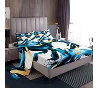 Homewish Juego de sábanas de tamaño King, color azul real y dorado, juego de sábanas geométricas modernas abstractas, sábanas elegantes de estilo minimalista y elegante, sábana bajera ajustable
