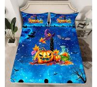 Homewish Juego de sábanas personalizadas de Halloween con doble letra inicial I, hojas de otoño, calabaza, para niñas, sombrero de bruja gótico, lápidas, murciélagos, funda de cama de 3 piezas