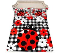 Homewish Juego de sábanas rústicas para cama individual, diseño de insectos lindos, sábana bajera ajustable de retazos a cuadros para niñas, juego de cama con estampado floral blanco y rojo para