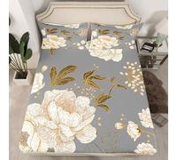 Homewish Juego de sábanas vintage de peonías blancas y grises para adultos, elegante sábana bajera floral con hojas botánicas, juego de ropa de cama para niñas, funda de cama de 3 piezas con
