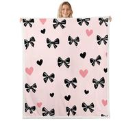 Homewish Kawaii - Manta de forro polar con lazo negro, tamaño individual, 60 x 80 pulgadas, manta de sherpa con corazones rosados, manta de felpa mullida a mano, decoración de lazo dibujado para cama