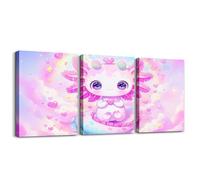 Homewish Lienzo decorativo para pared, diseño de salamandra kawaii rosa, 40 x 30 cm, 3 piezas, arte de pared con diseño de arco iris de ensueño, romántico, amor, corazón, pinturas moradas, cielo