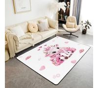 Homewish Lindas alfombras de vaca de dibujos animados de 100 x 150 cm para | Alfombra moderna de vaca rosa con corazones de amor, alfombras grandes kawaii que no se desprenden