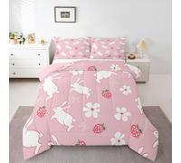 Homewish Lindo juego de edredón de conejo doble, juego de ropa de cama floral de fresa para niños y adolescentes, juego de edredón con nudo de lazo, edredón de ensueño kawaii sin funda