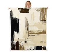 Homewish Manta abstracta de forro polar tamaño Queen de 229 x 229 cm, color marrón y beige, cálida manta de felpa sherpa de felpa geométrica, moderna, mullida, minimalista, arte moderno a rayas para