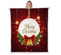 Homewish Manta de felpa mullida de Feliz Navidad, decoración de Navidad, hojas de acebo y bayas rojas, manta de sherpa con lazo rojo de campana dorada, decoración con estampado de estrellas con