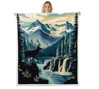 Homewish Manta de forro polar con diseño de ciervo tamaño Queen de 229 x 229 cm, manta de felpa cálida de sherpa de montaña y río, para cama, sofá