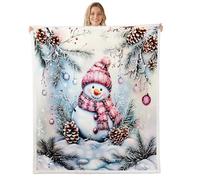 Homewish Manta de forro polar con diseño de muñeco de nieve de Navidad, tamaño Queen, 90 x 90 pulgadas, temática de invierno, cobija Sherpa de copo de nieve, árbol de pino, granja, manta de felpa