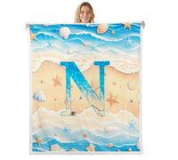 Homewish Manta de forro polar Ocean Beach de 100 x 130 cm para sofá | Manta de felpa cálida con letra N inicial de dibujos animados para verano, Hawaii, vacaciones, para sala de estar