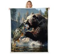 Homewish Manta de forro polar para bebé, 76.2 x 101.6 cm, pez lubina y oso de animales marrones, manta de felpa mullida del bosque, decoración rústica de cabaña para cama y sofá