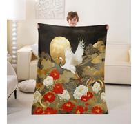 Homewish Manta de franela japonesa con grulla para bebé, 76 x 101 cm, manta de forro polar a rayas doradas y con diseño de nubes, flores vintage, botánica, peluda, estilo retro japonés para cama, sofá