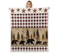 Homewish Manta de sherpa con diseño de oso rústico para casa de campo, cabaña, caza, manta de felpa mullida, color rojo y marrón, manta de forro polar a cuadros, decoración de animales salvajes del