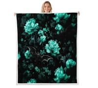 Homewish Manta gótica de forro polar, tamaño Queen, 229 x 229 cm, diseño gótico de murciélago, verde azulado, floral, cálida manta de sherpa de felpa misteriosa, gótica para Halloween, manta de felpa
