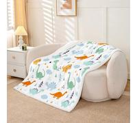 Homewish Manta Sherpa de dinosaurio con dibujos animados, manta de felpa de dinosaurio amarillo, verde azulado, manta de forro polar, decoración de animales Kawaii para cama, sofá, tamaño Queen, 90 x