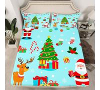 Homewish Sábana bajera ajustable con diseño de árbol de Navidad, tamaño individual, para niños, niñas, adolescentes, Papá Noel, ciervos y 1 funda de almohada