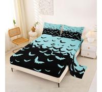 Homewish Sábana bajera ajustable doble con diseño de murciélagos azules y | Juego de sábanas de Halloween con diseño de animales salvajes, bolsillo profundo de 16 in / 40 cm, juego de sábanas simples y