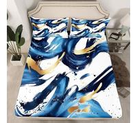 Homewish Sábana bajera ajustable tamaño King, color azul marino y dorado, juego de ropa de cama geométrica moderna abstracta, sábanas de estilo minimalista y elegante, sábanas estéticas de graffiti