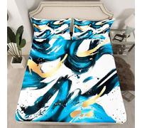 Homewish Sábana bajera ajustable tamaño King, color azul real y dorado, juego de ropa de cama geométrica moderna abstracta, sábanas de estilo minimalista y elegante, sábanas estéticas de graffiti Line