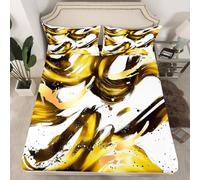 Homewish Sábana bajera ajustable tamaño King de acuarela de color amarillo dorado, juego de ropa de cama geométrica moderna abstracta de estilo minimalista y elegante, sábanas estéticas de graffiti