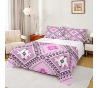 Homewish Western Boho Azteca Juego de sábanas doble bohemias rústicas de granja, juego de ropa de cama de diamantes del suroeste para niños y niñas, color rosa intenso y morado, 4 piezas