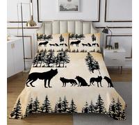Homewish Wolf Wildlife - Juego de edredón doble con diseño de animales salvajes, caza de selva, juego de colcha retro del bosque del oeste, ropa de cama acolchada misteriosa de lobos negros