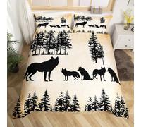 Homewish Wolf Wildlife - Juego de funda de edredón tamaño Super King con diseño de animales salvajes, caza y selva, juego de ropa de cama retro del bosque occidental, diseño de lobos negros