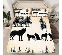 Homewish Wolf Wildlife - Juego de sábanas bajeras dobles con diseño de animales salvajes, caza de selva, juego de ropa de cama retro del bosque occidental, funda de cama de lobos negros misteriosos, 3