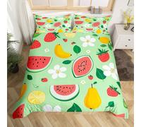 Homewish Yummy Fruits - Funda de edredón para niños y niñas, funda de edredón de sandía, plátano y fresa, bonito juego de cama floral blanco, juego de cama con temática de verano con 1 funda de