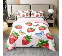 Homewish Yummy - Funda de edredón de algodón con diseño de fresas para niños y niñas, funda de edredón con mariposas voladoras, juego de ropa de cama de frutas de verano, juego de cama con 1 funda de