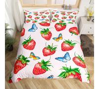 Homewish Yummy - Juego de funda de edredón de fresas para niños y niñas, diseño de mariposas voladoras, juego de ropa de cama de frutas de verano, juego de cama de vida silvestre con 1 funda de