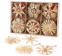 Homewit Estrellas de paja para árbol de Navidad, juego de 24 estrellas de paja natural, colgantes de paja natural para decoración de Navidad, diámetro de 8 cm, con una bonita caja de madera