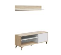 Homey - Mueble Moderno de TV con 1 Puerta y 2 Compartimentos + Estante en L, Modelo Kera, Acabado en Color Blanco y Roble Canadian
