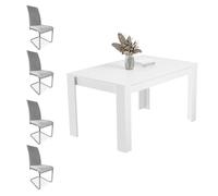 Homey - Pack Mesa de Comedor o Salón, Modelo Teide, Color Blanco + 4 Sillas Tapizadas Acabadas en Marengo, Modelo Skadi, con Patas Cromadas