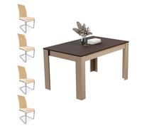 Homey - Pack Mesa de Comedor o Salón, Modelo Teide, Color Roble - Grafito + 4 Sillas Tapizadas Acabadas en Beige, Modelo Skadi, con Patas Cromadas