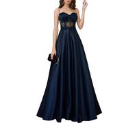 HOMEYEE Vestido largo de dama de honor para mujer, elegante, floral, de encaje, espaguetis y tirantes, vestido de noche, línea A, A491, azul marino, M