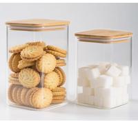 HomeyHoney Tarros de vidrio transparente para almacenamiento de alimentos con tapas herméticas de bambú, botes de cocina transparentes para pasta, café, azúcar, dulces, galletas, aperitivos (cuadrado