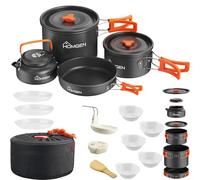 HOMGEN Juego de utensilios de cocina de aluminio ligero para 4 personas, accesorios completos con ollas de 2 tamaños, sartén, hervidor de agua de 800 ml, 5 cuencos y 3 platos, kit portátil de desorden