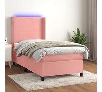 Homgoday Cama Box Spring colchón y LED Terciopelo Rosa 100x200 cm Cama Box Spring con Colchón Viscoelástico Espuma Protector Muelles Ensacados Modelo Diseño Plano