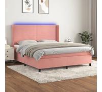 Homgoday Cama Box Spring colchón y LED Terciopelo Rosa 180x200 cm Cama Box Spring con Colchón Viscoelástico Espuma Protector Muelles Ensacados Modelo Diseño Plano