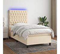 Homgoday Cama Box Spring colchón y Luces LED Tela Color Crema 90x190 cm Cama Box Spring con Colchón Viscoelástico Espuma Protector Muelles Ensacados Diseño de Botones